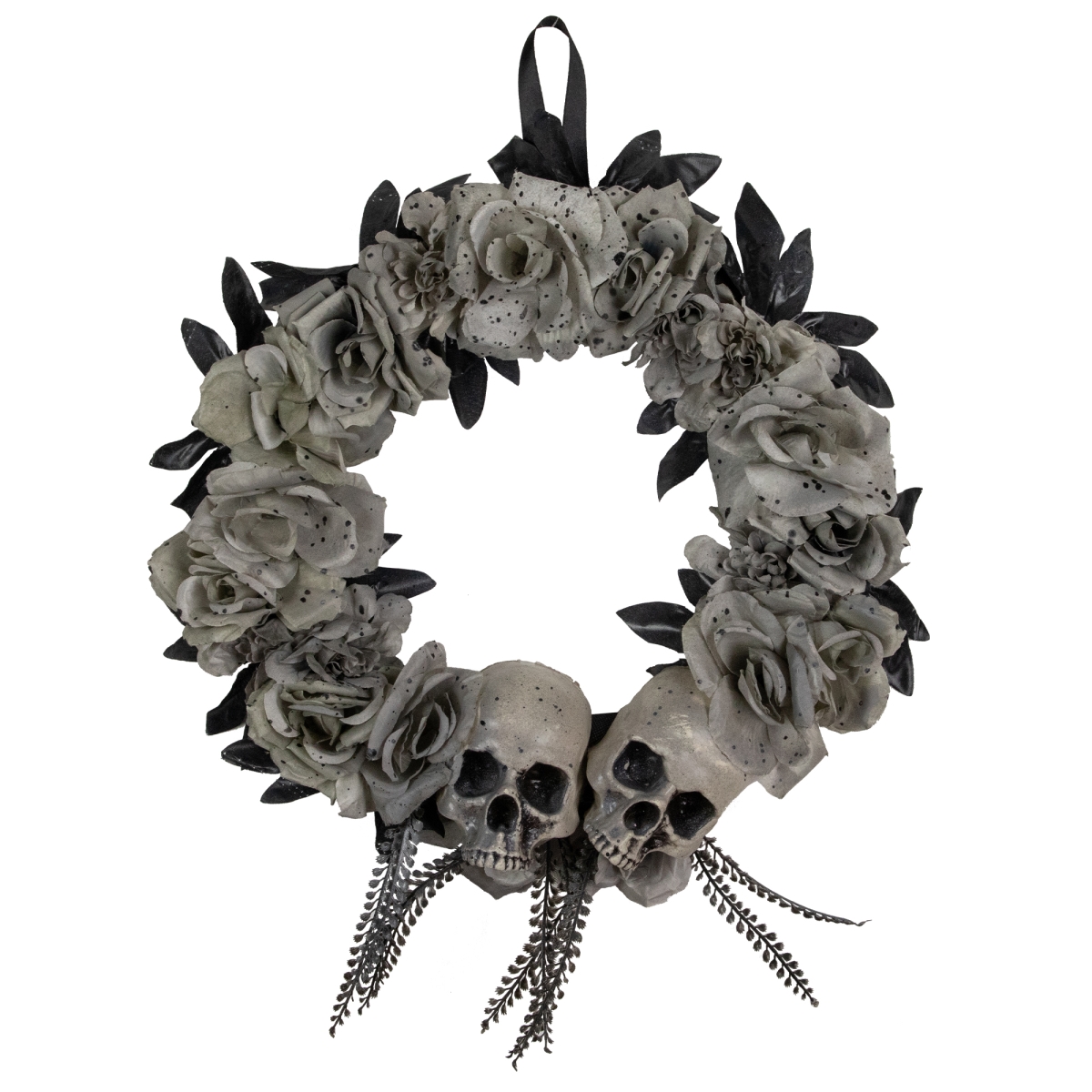 Picture of Northlight 35131178 16 in. Double Skull & Gray Roses Halloween Wreath