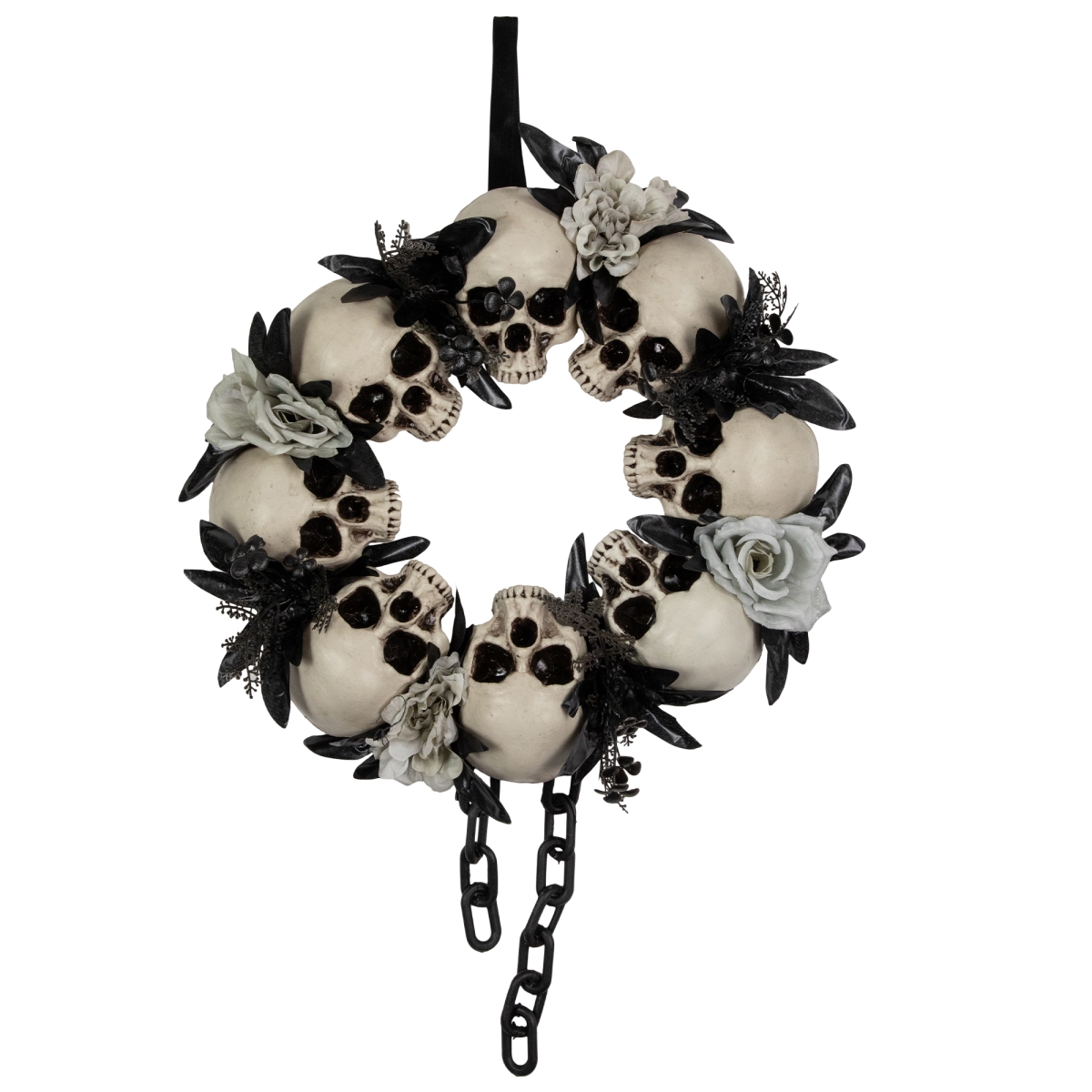 Picture of Northlight 35131180 15 in. Skulls & Chains with Gray Roses Halloween Wreath