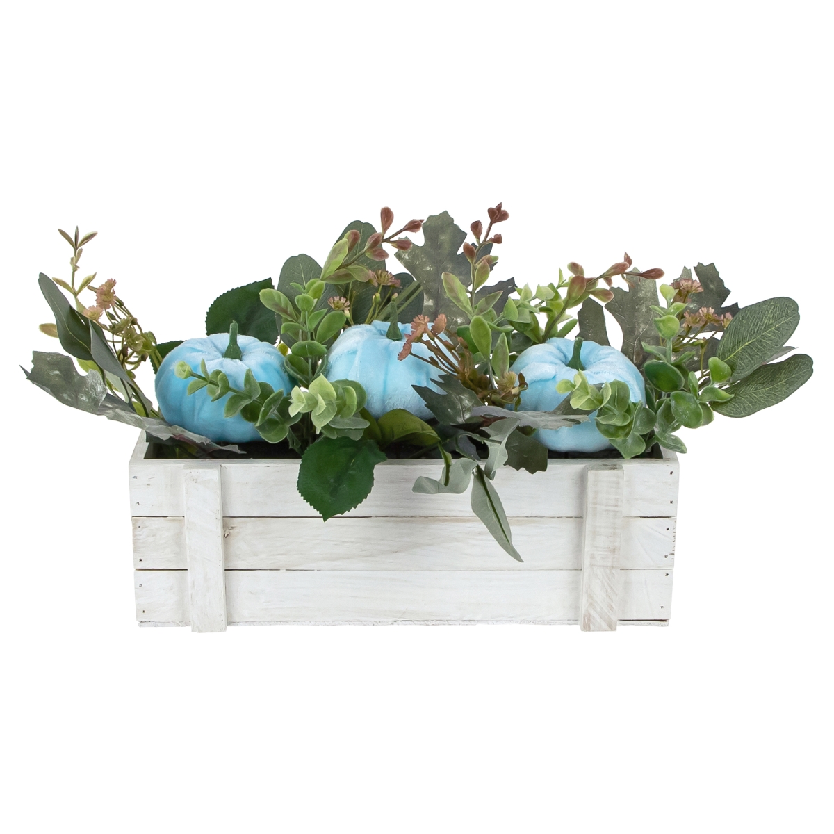 Picture of Northlight 35182619 18 in. White Wooden Box of Foliage & Pumpkins Thanksgiving Decoration