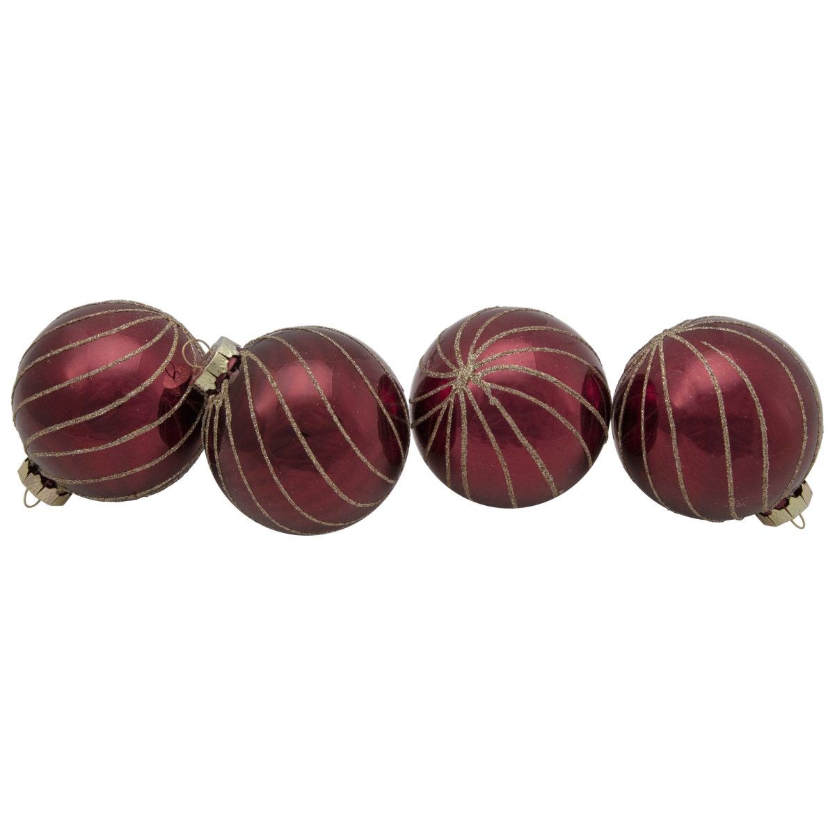 34865035 3 in. Glitter Striped Glass Ball Christmas Ornaments, Burgundy Red & Gold - 4 Count