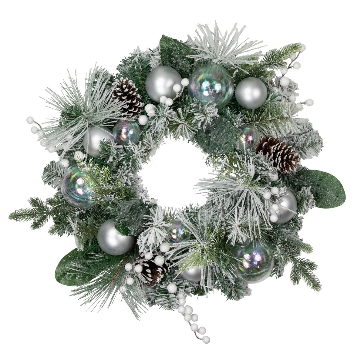 35182584 24 in. Flocked Pine Artificial Christmas Wreath with Iridescent Ornaments