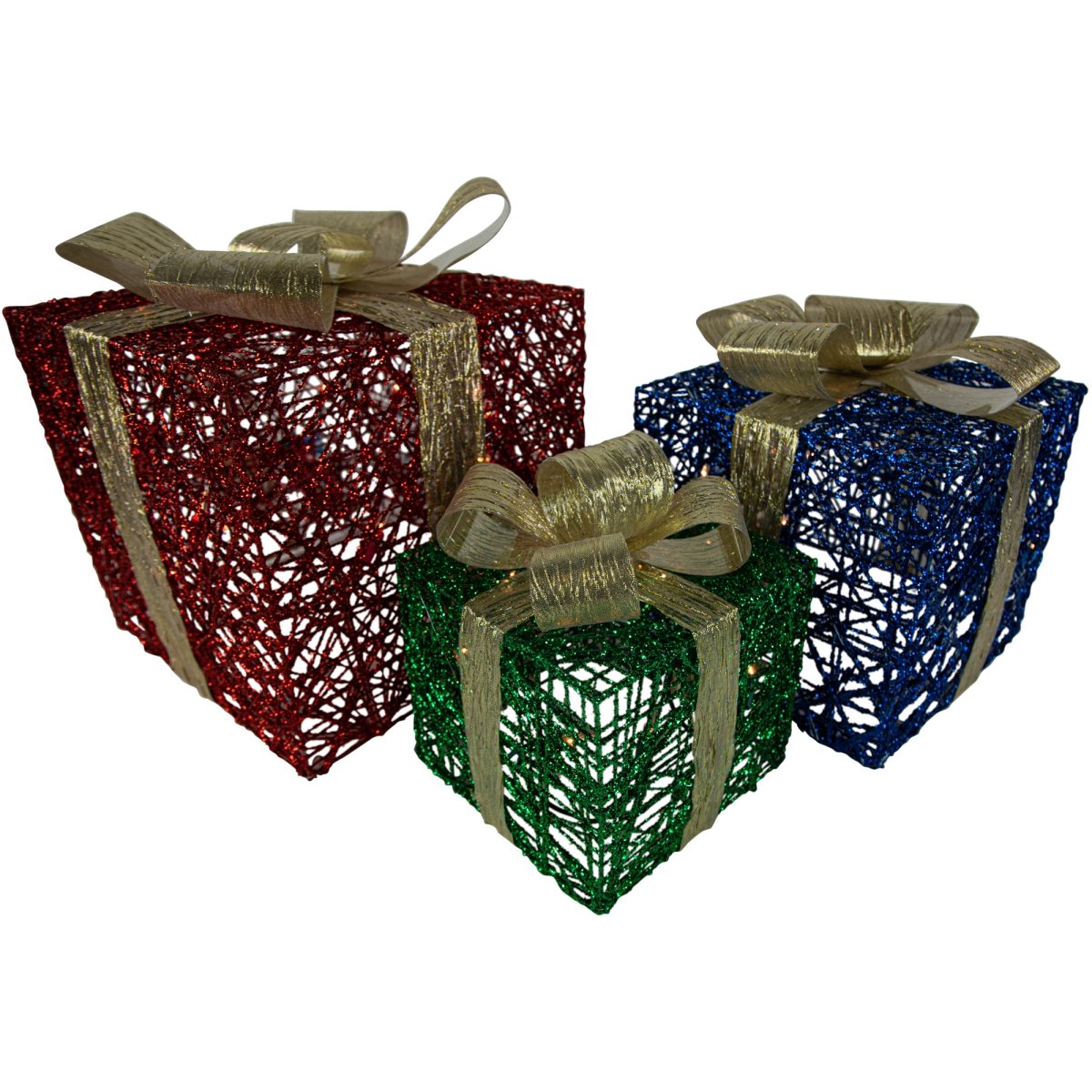 35250597 9.75 in. Lighted Gift Boxes Christmas Decorations, Red, Blue & Green - Set of 3 -  NorthLight