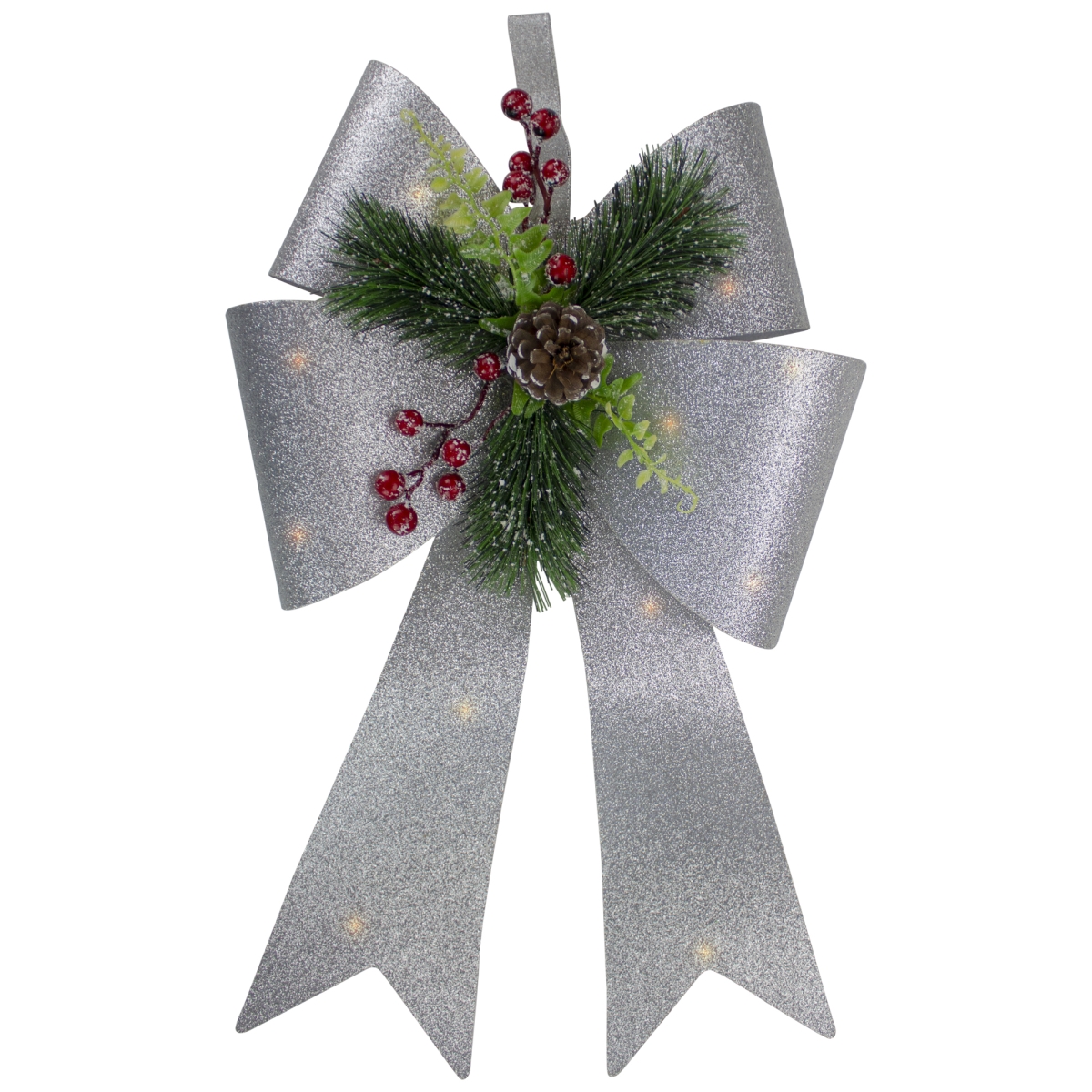 34859986 19 in. LED Lighted Tinsel Bow Christmas Decoration, Sliver -  NorthLight