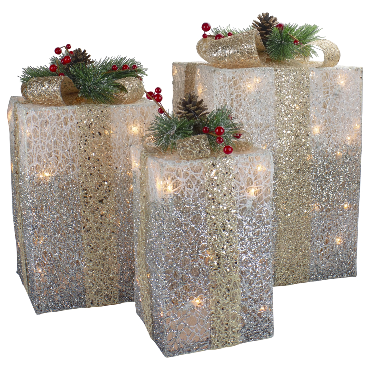 Picture of Northlight 34859991 Silver Mesh Glittered Gift Boxes Outdoor Decorations - Set of 3