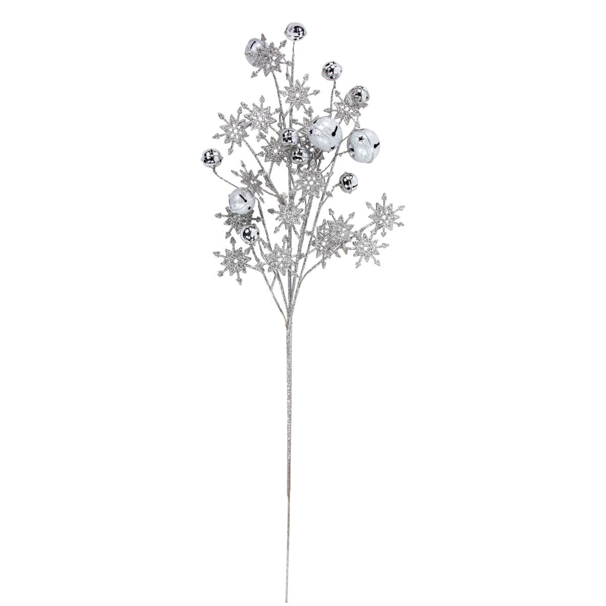 35251071 34 in. Silver Jingle Bells & Glitter Drenched Snowflakes Artificial Christmas Spray