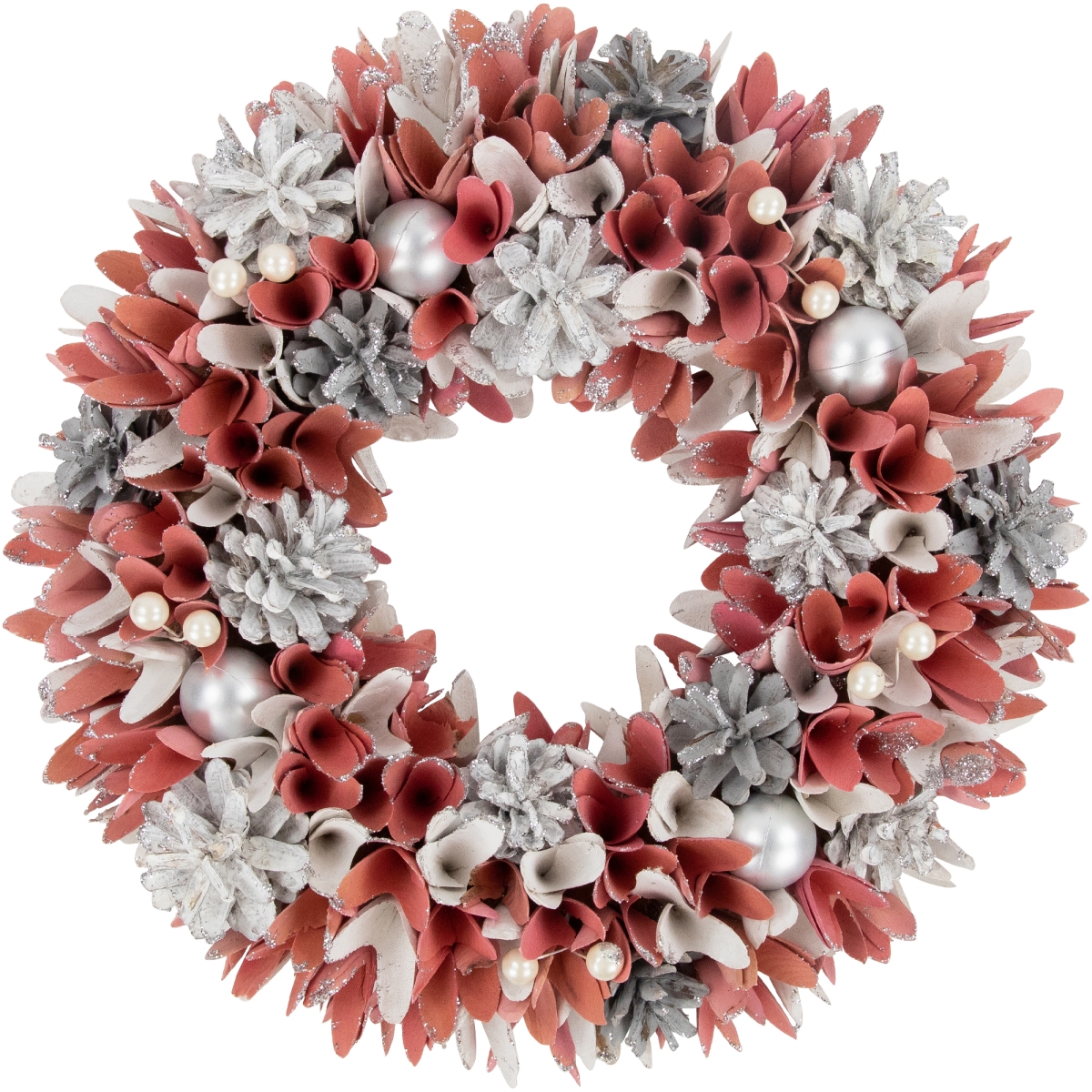 35668998 13 in. Wooden Floral Christmas Wreath with Pinecones, Pink & White