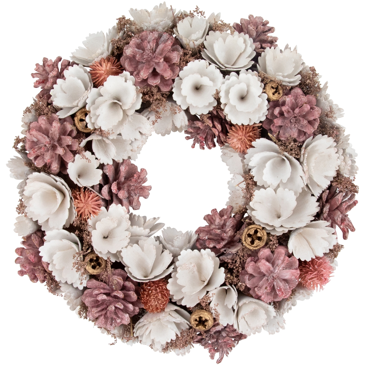 35669004 13 in. Wooden Floral Christmas Wreath with Pinecones, White & Pink