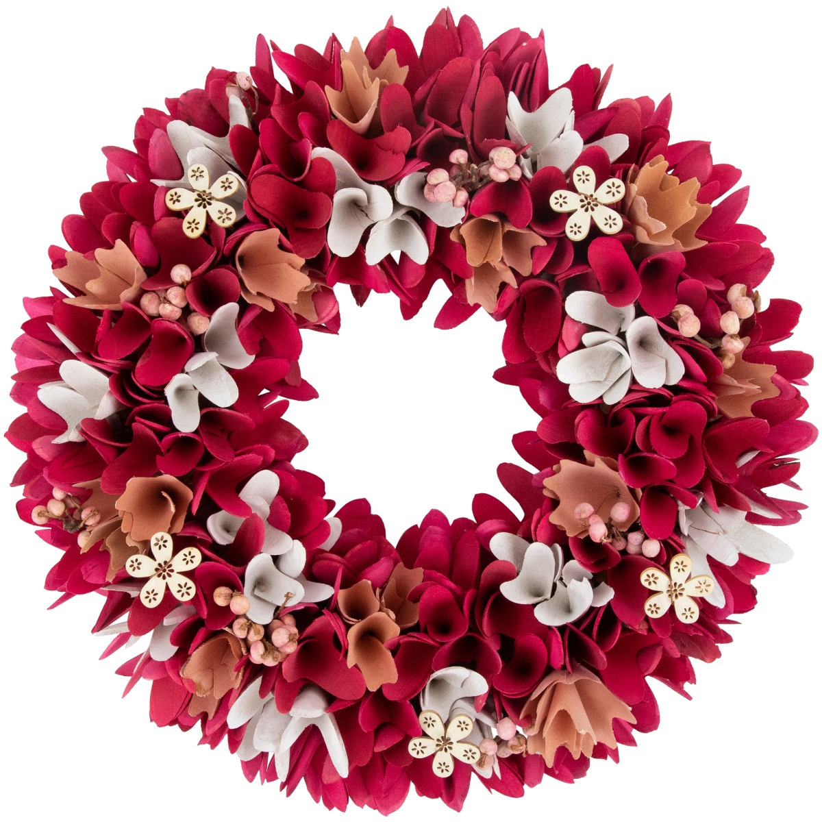 35669005 13 in. Wooden Floral Spring Wreath with Berries, Fuchsia Pink & White -  NorthLight