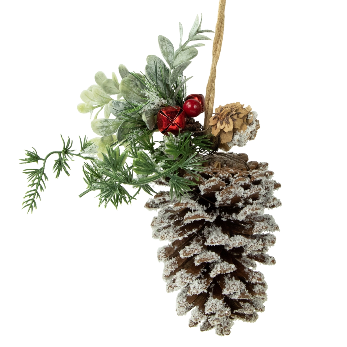 34316631 13 in. Pine Cone with Mixed Foliage Red Jingle Bells & Berries Hanging Christmas Ornament