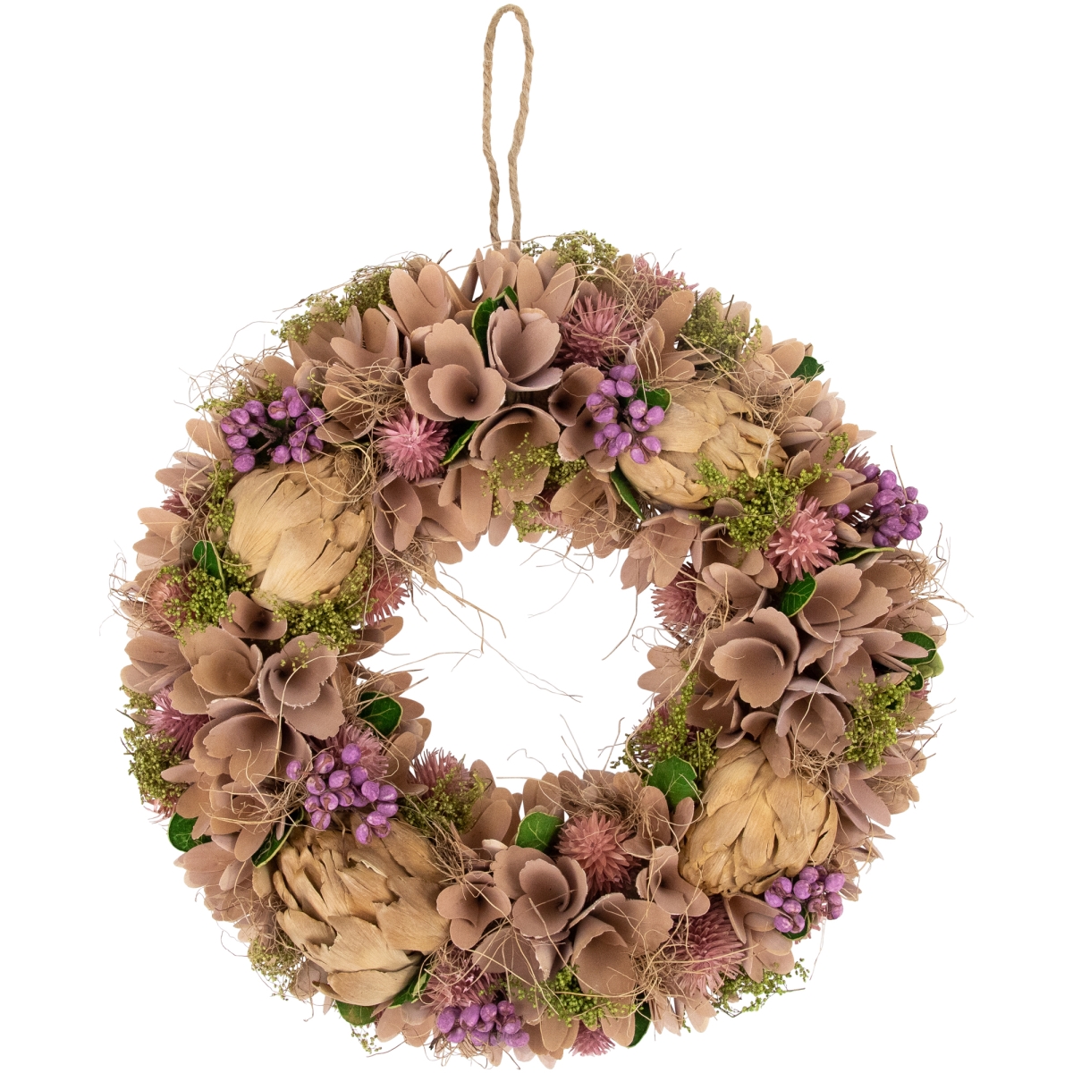 35669008 12 in. Wooden Floral Spring Wreath with Preserved Artichoke, Purple & Beige -  NorthLight