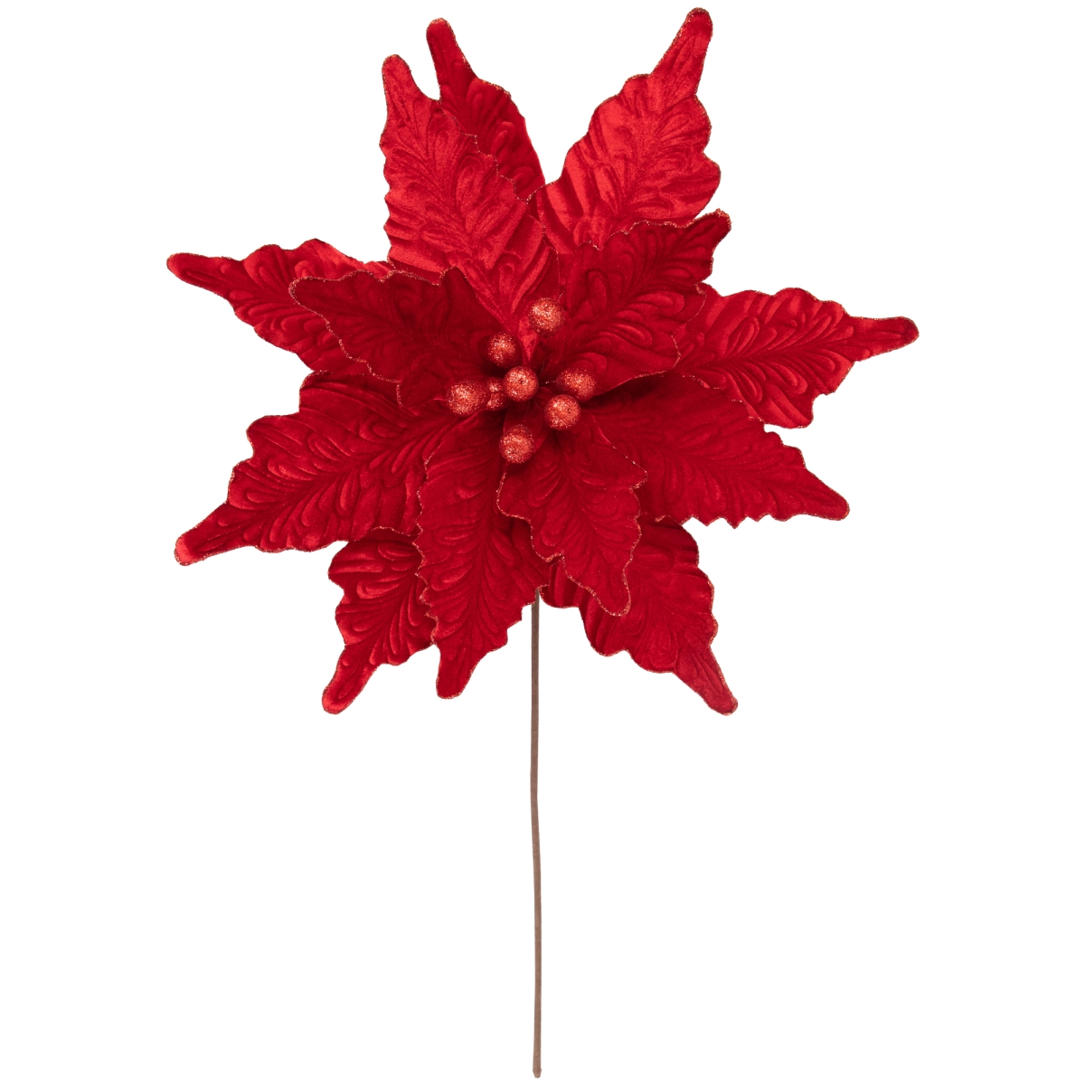 35691073 24 in. Glittered Velvet Christmas Poinsettia Floral Pick, Oversized Red