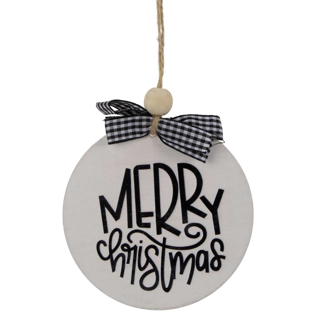 35691021 4 in. Merry Christmas Ornament Wooden Disc with Plaid Bow, Black & White