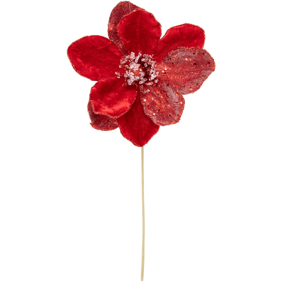35691030 18 in. Icy Glittered Christmas Flower Pick, Red Velvet