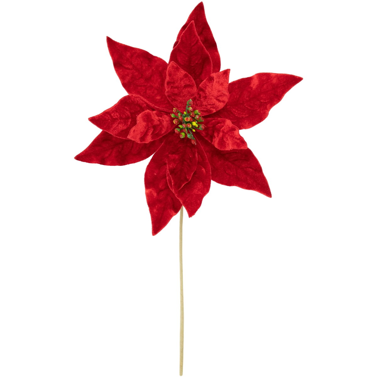 35691032 18 in. Glittered Velvet Christmas Poinsettia Floral Pick, Red