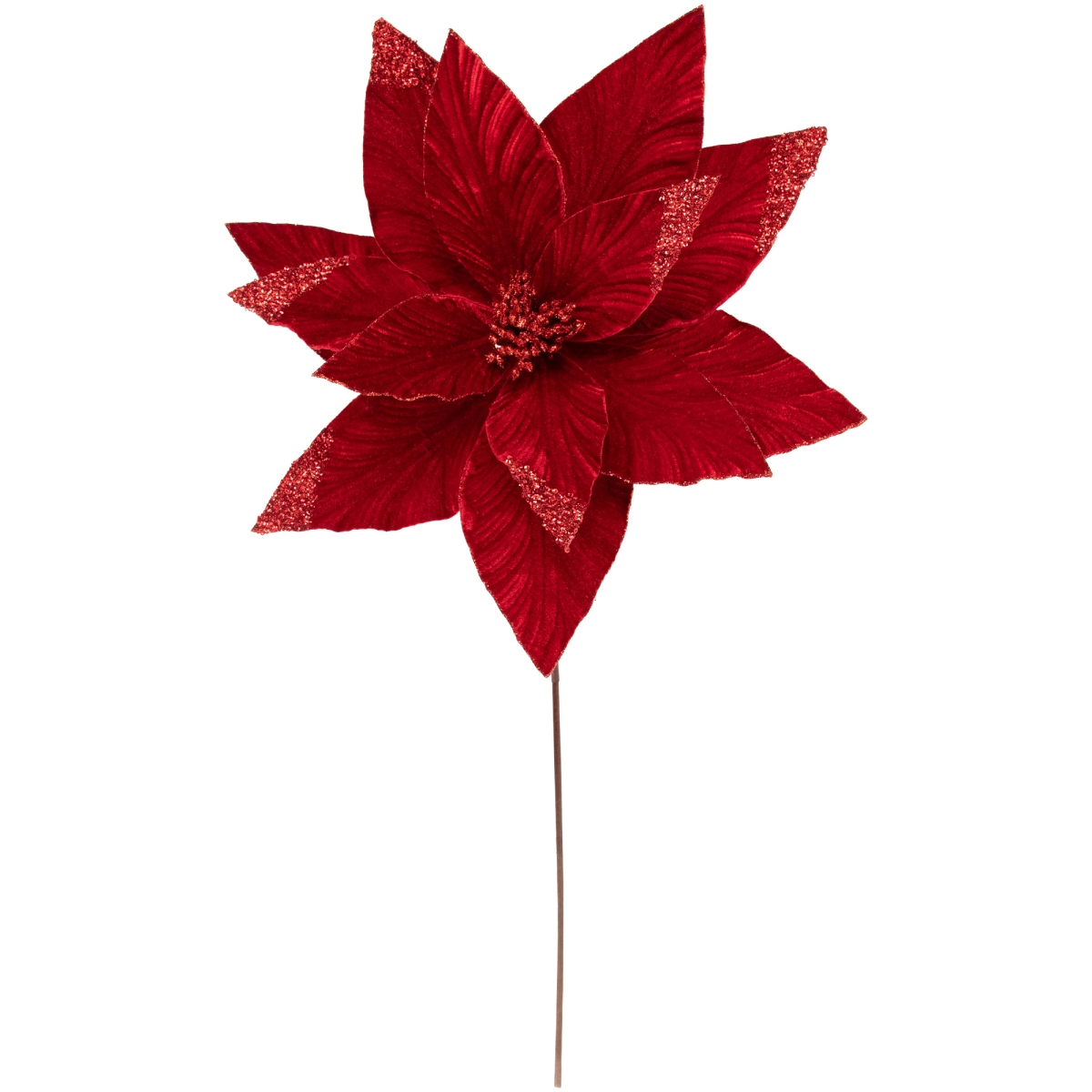 35691071 24 in. Velvet Glittered Poinsettia Christmas Floral Pick, Red