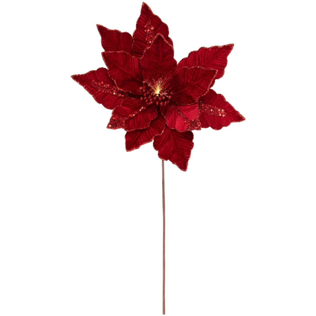 35691067 20 in. Lighted Glittered Velvet Christmas Poinsettia Floral Pick, Red