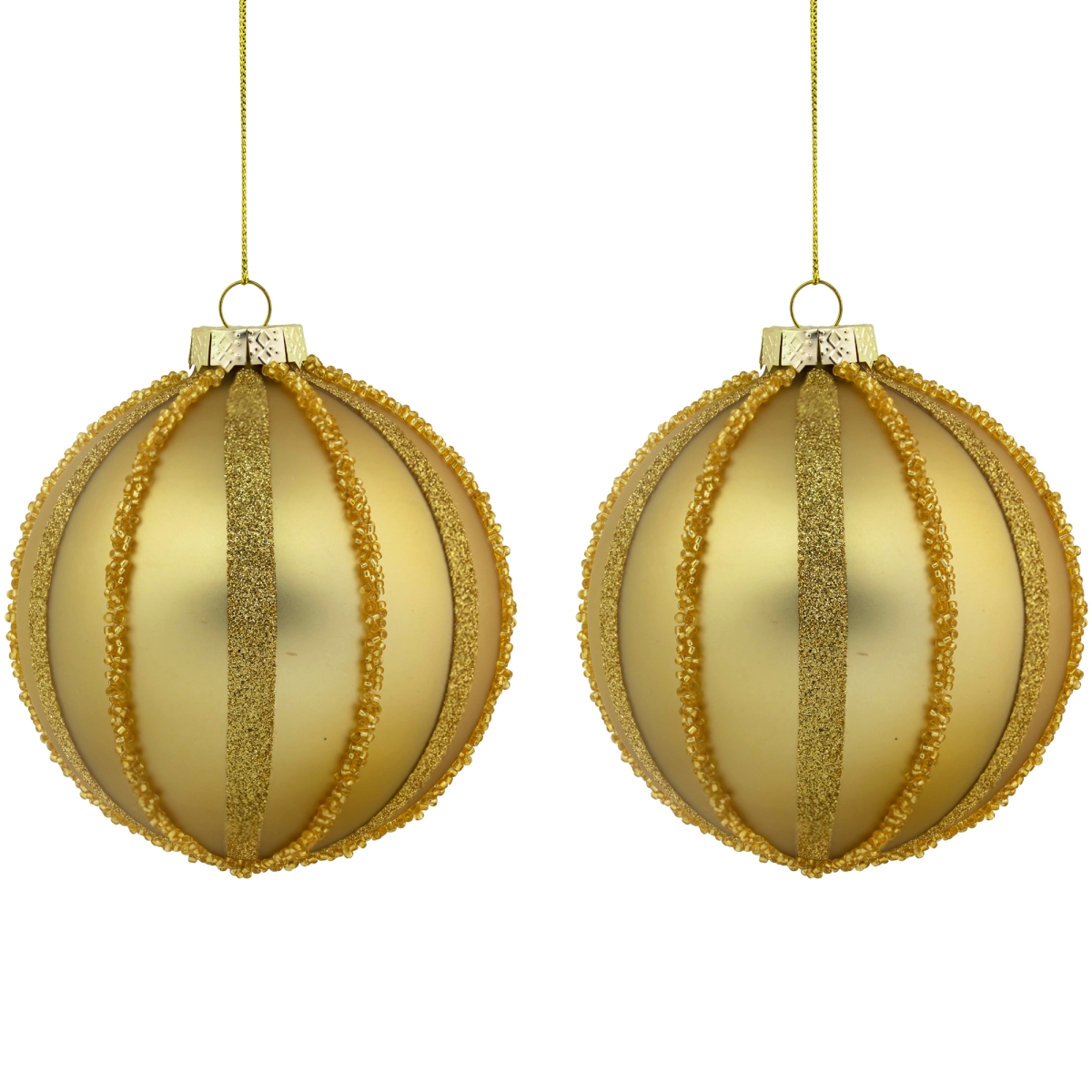 35699450 Gold Striped Glittered Glass Christmas Ball Ornaments - 4 in. - Set of 2 -  NorthLight