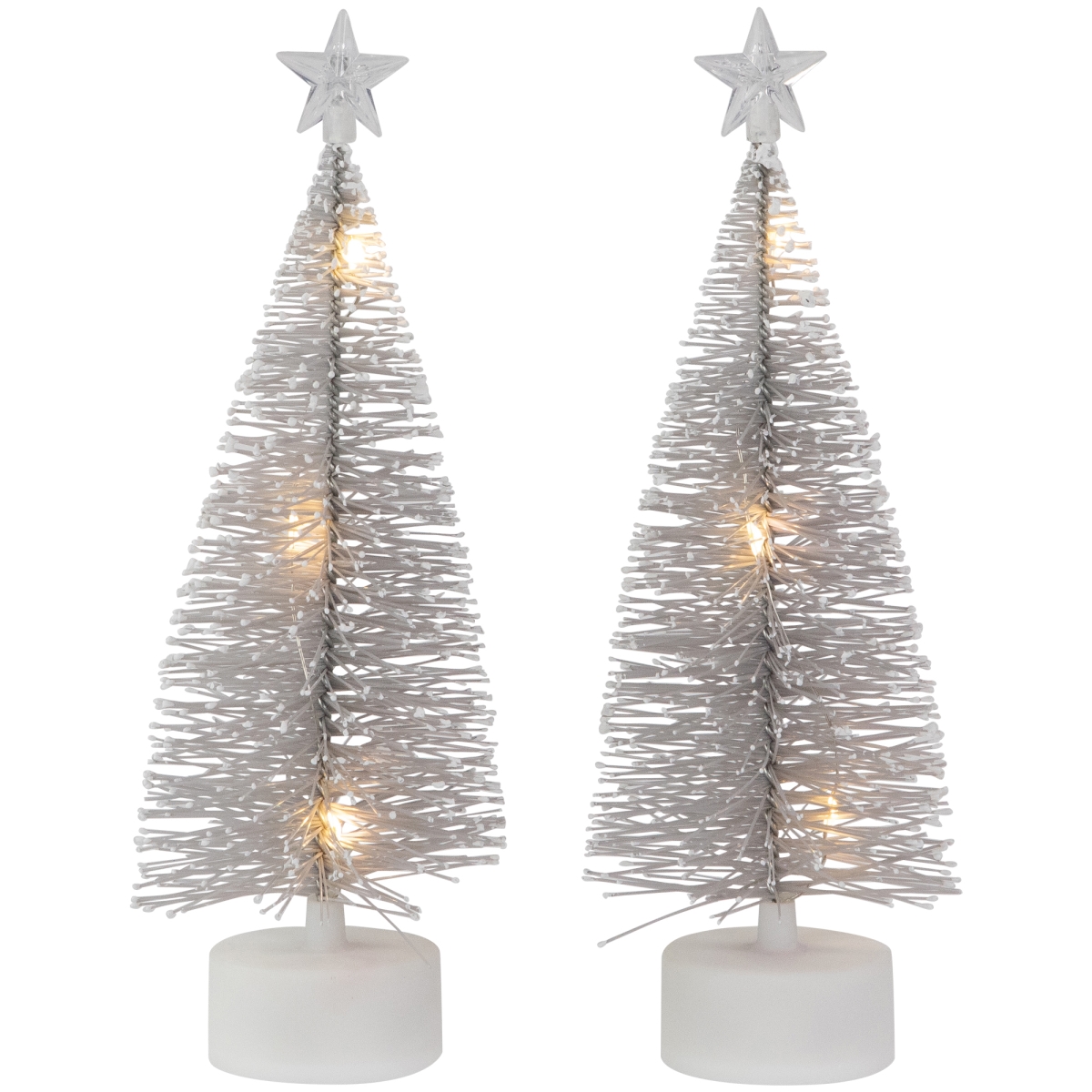 35680544 LED Pre-Lit Silver Mini Bottle Brush Pine Christmas Village Trees - Set of 2