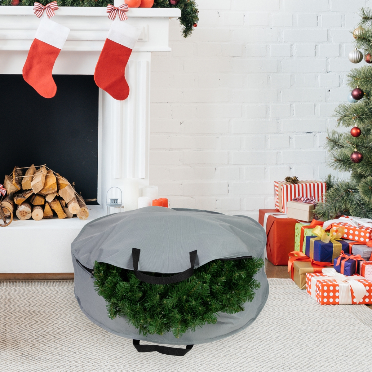 35687966 36 in. Multi-Seasonal Wreath Storage Bag, Gray & Black