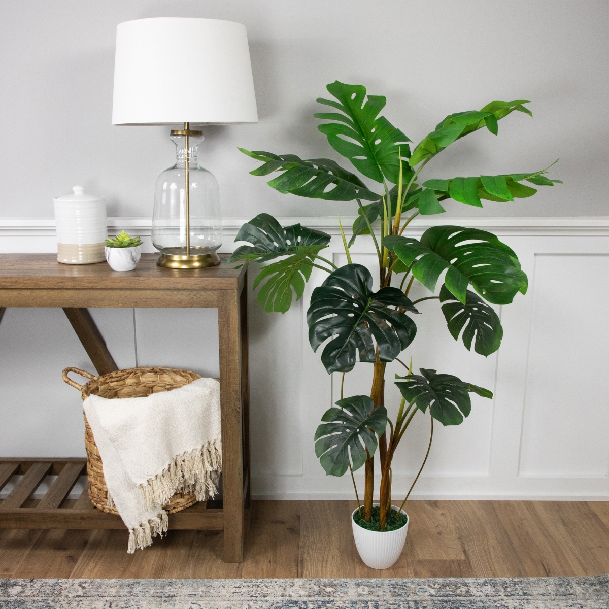 35688266 4.2 ft. Monstera Artificial Plant in a White Textured Pot