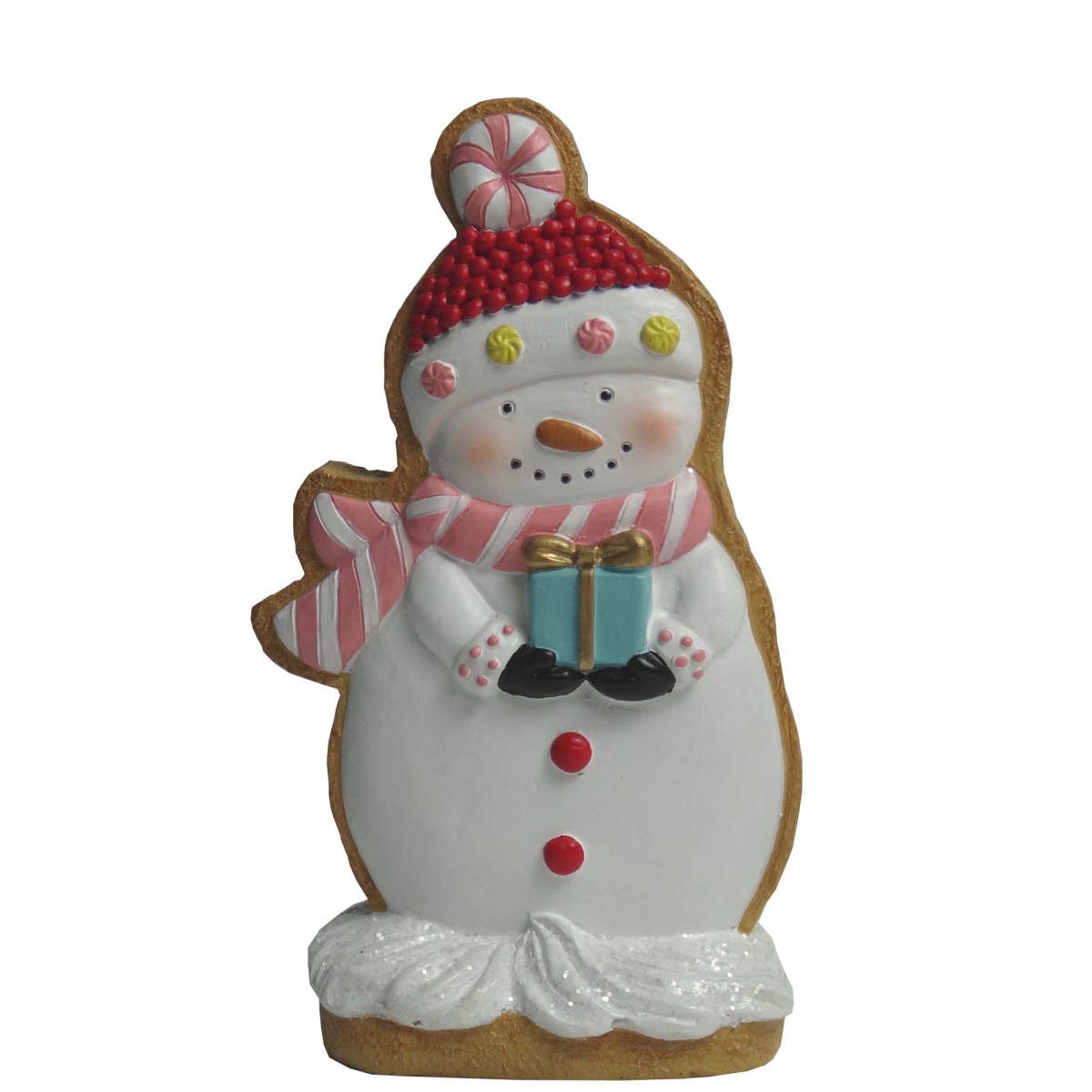 35696984 7 in. Standing Snowman Gingerbread Cookie with Present Tabletop Christmas Decoration