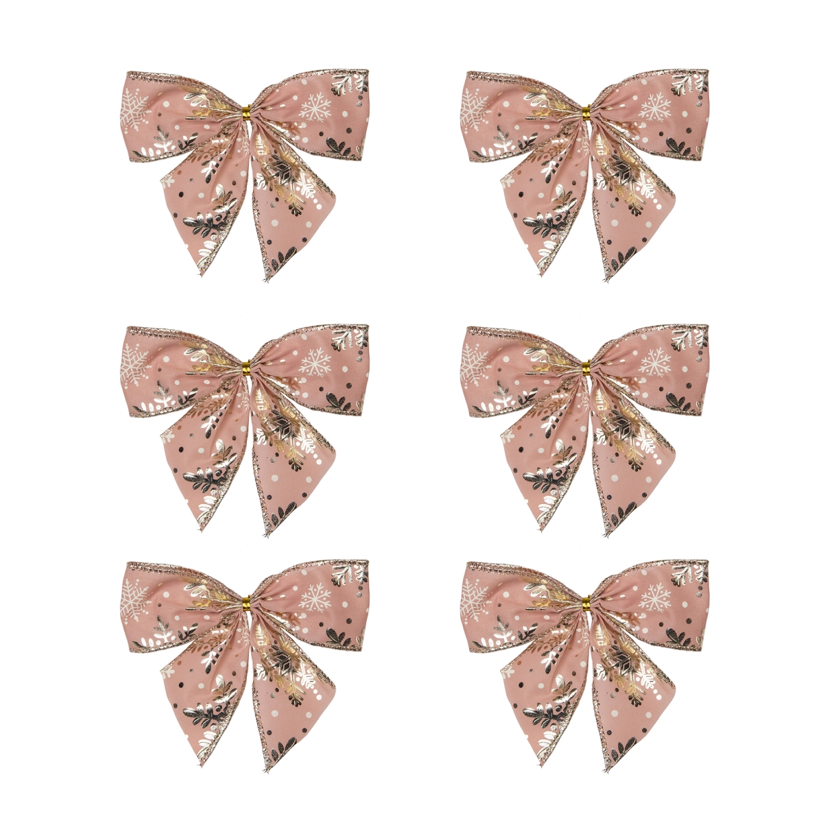 34676910 5.5 in. Pink & Gold Snowflakes 2 Loop Christmas Bow Decorations - Pack of 6