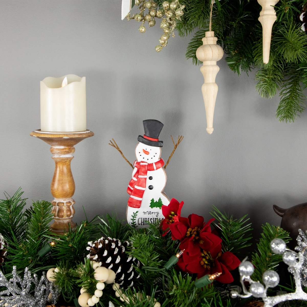 34858390 8.5 in. Wooden Snowman Merry Christmas Decoration, White