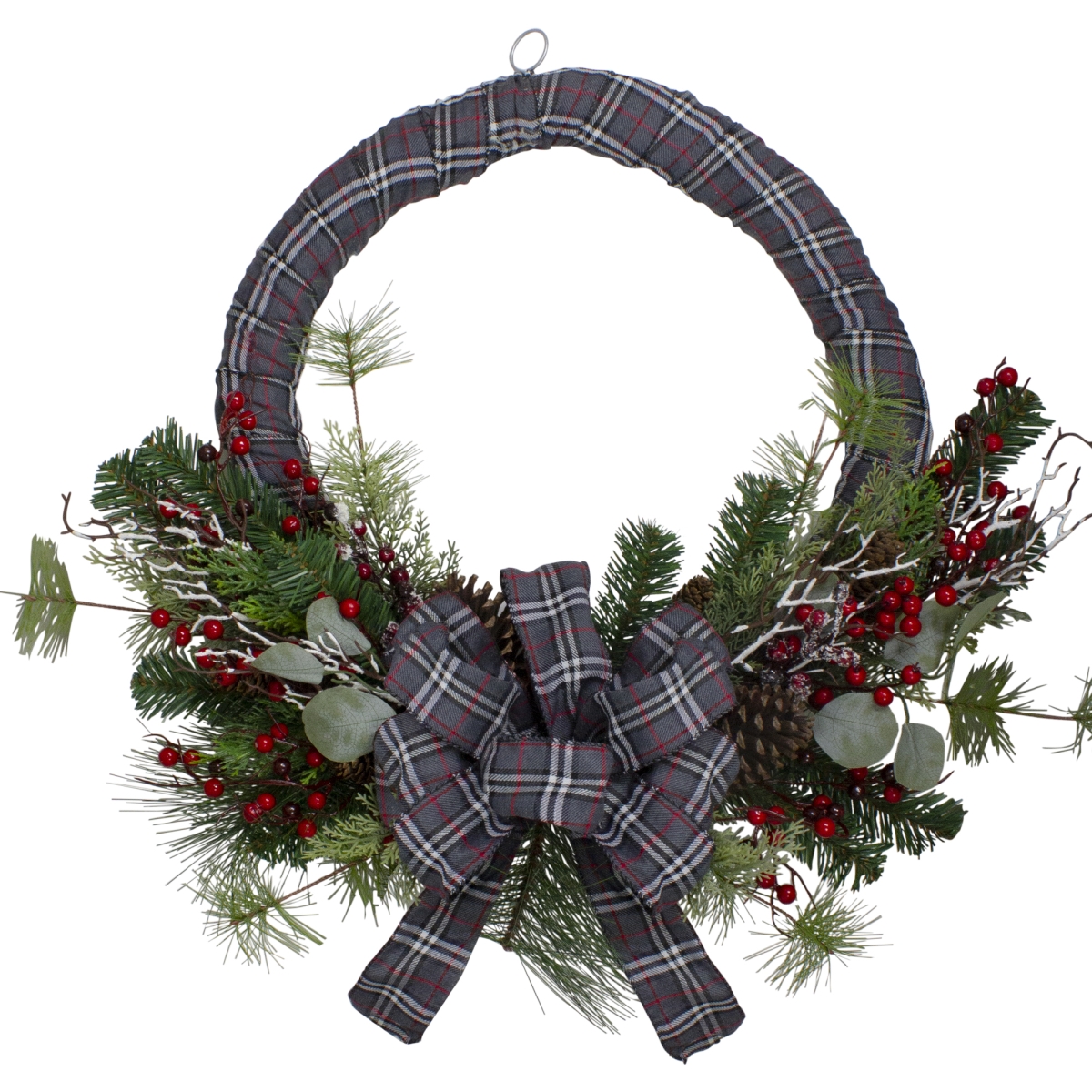 34317264 24 in. Unlit Gray & Red Plaid Artificial Christmas Wreath with Red Berries -  NorthLight