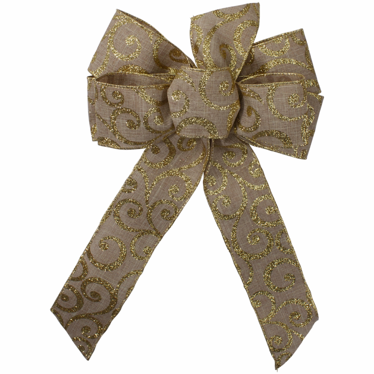 34676919 14 x 9 in. Burlap & Gold Scroll 6 Loop Christmas Bow Decoration