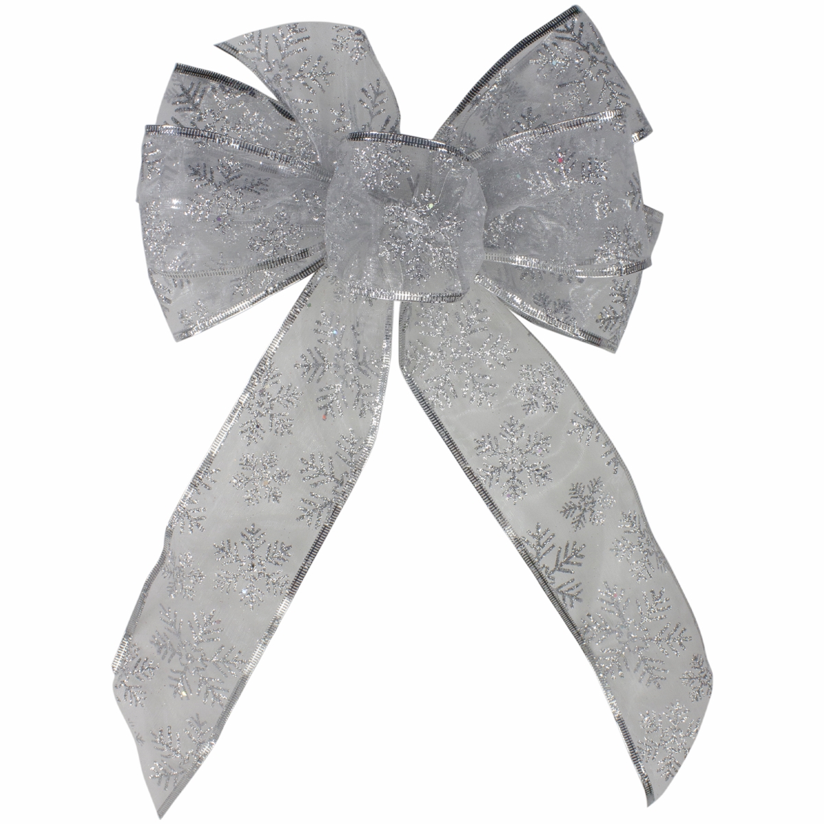 34676907 14 x 9 in. Sheer Silver Snowflake 6 Loop Christmas Bow Decoration
