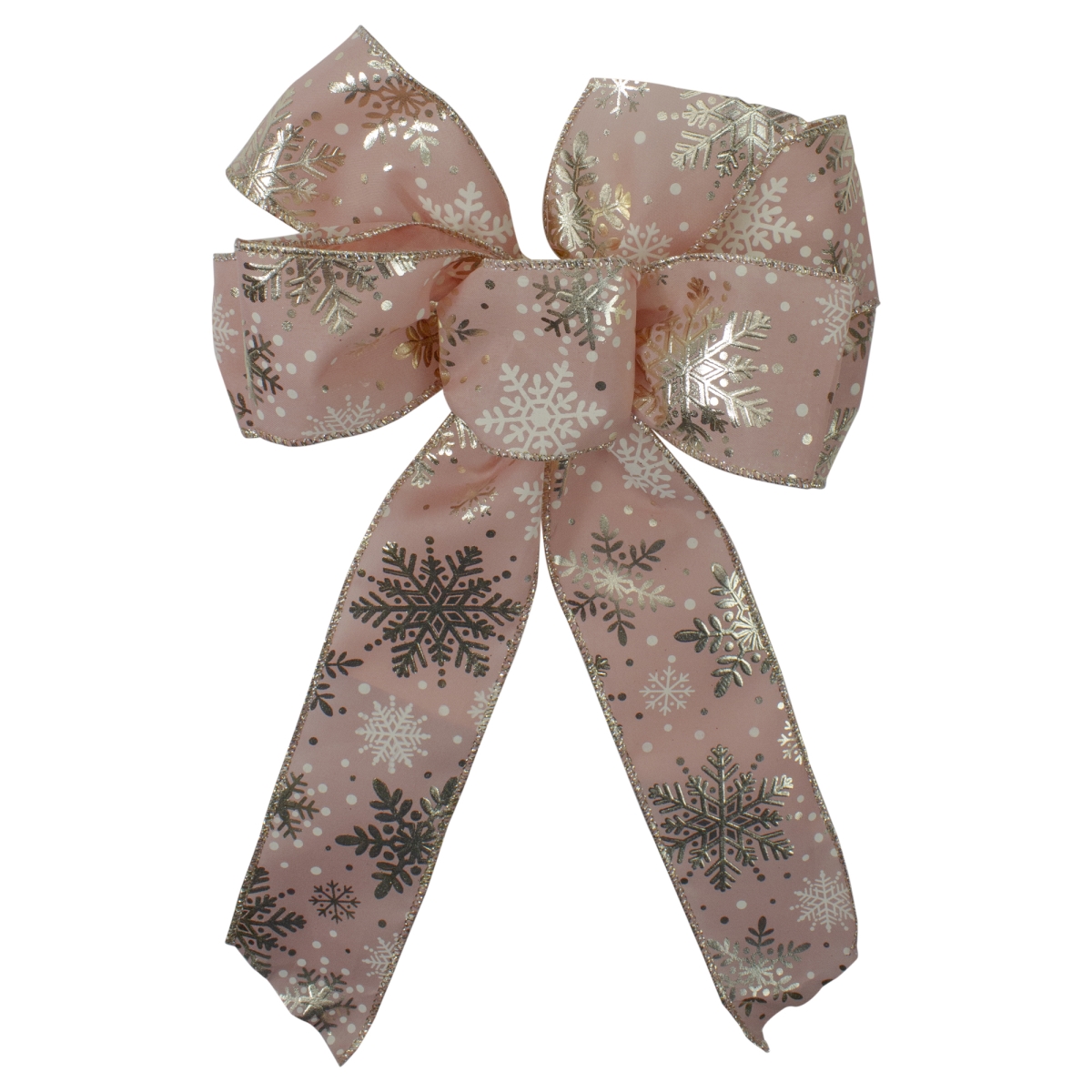 34676920 14 x 9 in. Pink & Gold Snowflake 6 Loop Christmas Bow Decoration