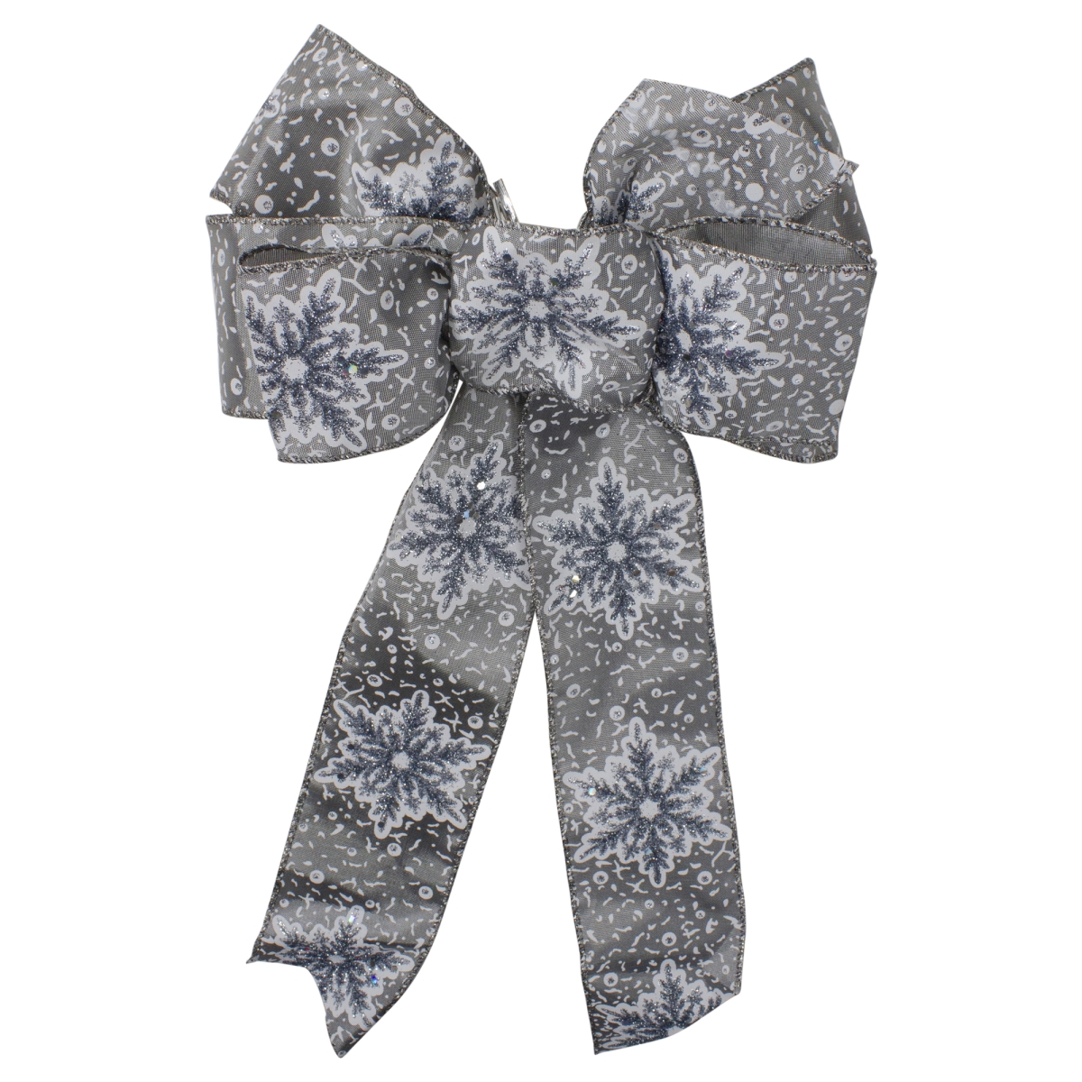 34676931 14 x 9 in. Gray & White Snowflake 6 Loop Christmas Bow Decoration