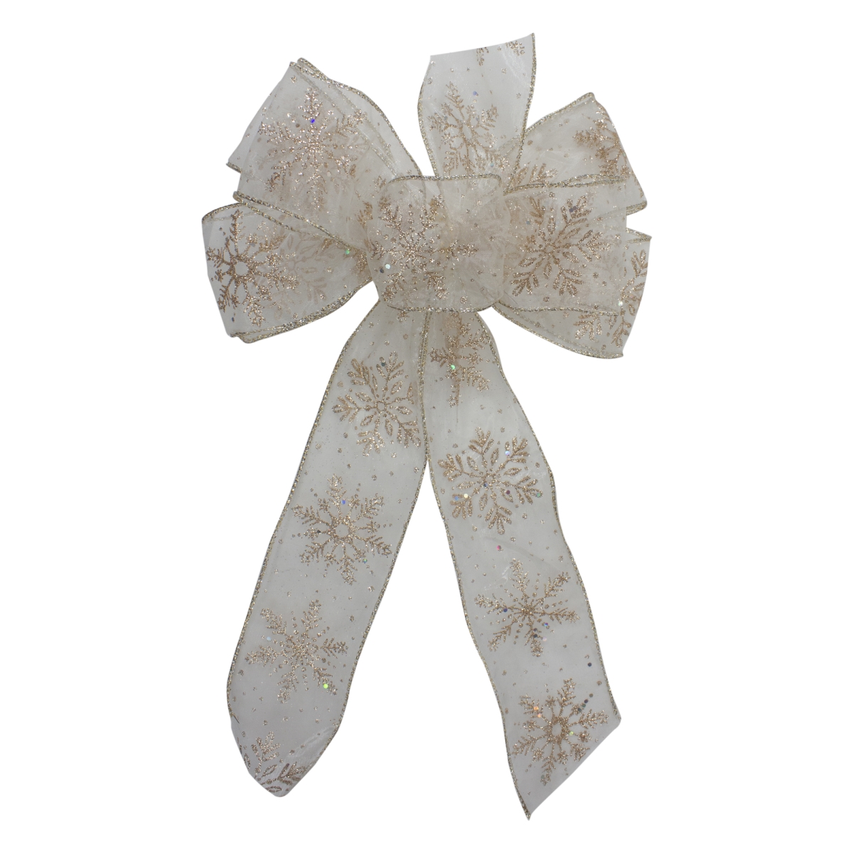 34676908 14 x 9 in. Sheer & Gold Snowflake 6 Loop Christmas Bow Decoration