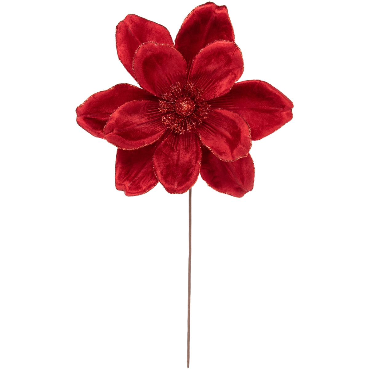 35691043 20 in. Red Glittered Velvet Christmas Flower Pick
