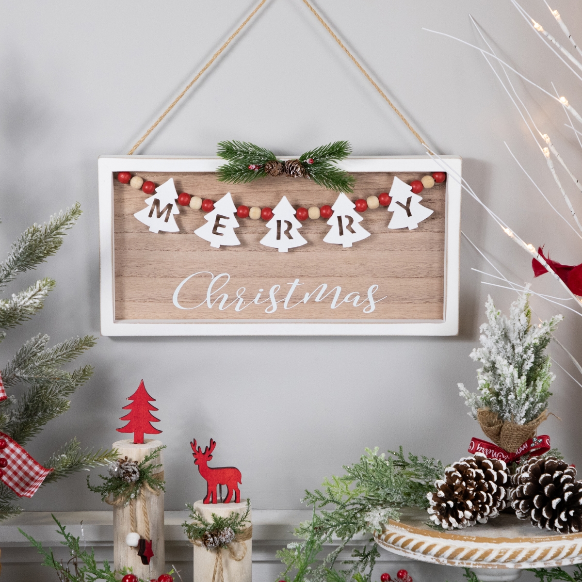 35706185 15.75 in. Framed Rustic Merry Christmas Beaded Wooden Wall Sign