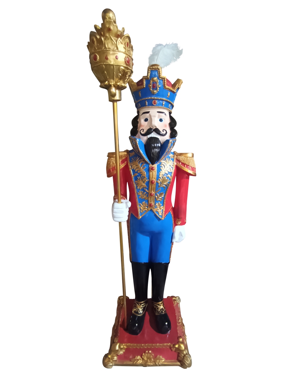 35733875 6.5 ft. Fiberglass Red & Blue Standing Christmas Nutcracker Soldier with Scepter