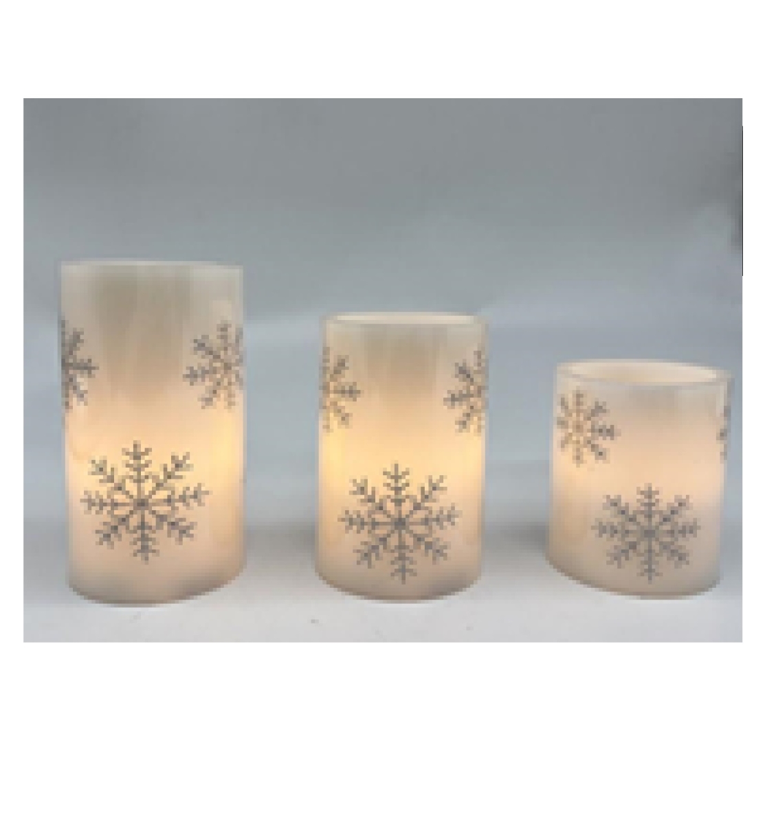 Picture of Northlight 35702174 6 in. Flameless Snowflakes Flickering LED Christmas Wax Pillar Candles&#44; Silver - Set of 3