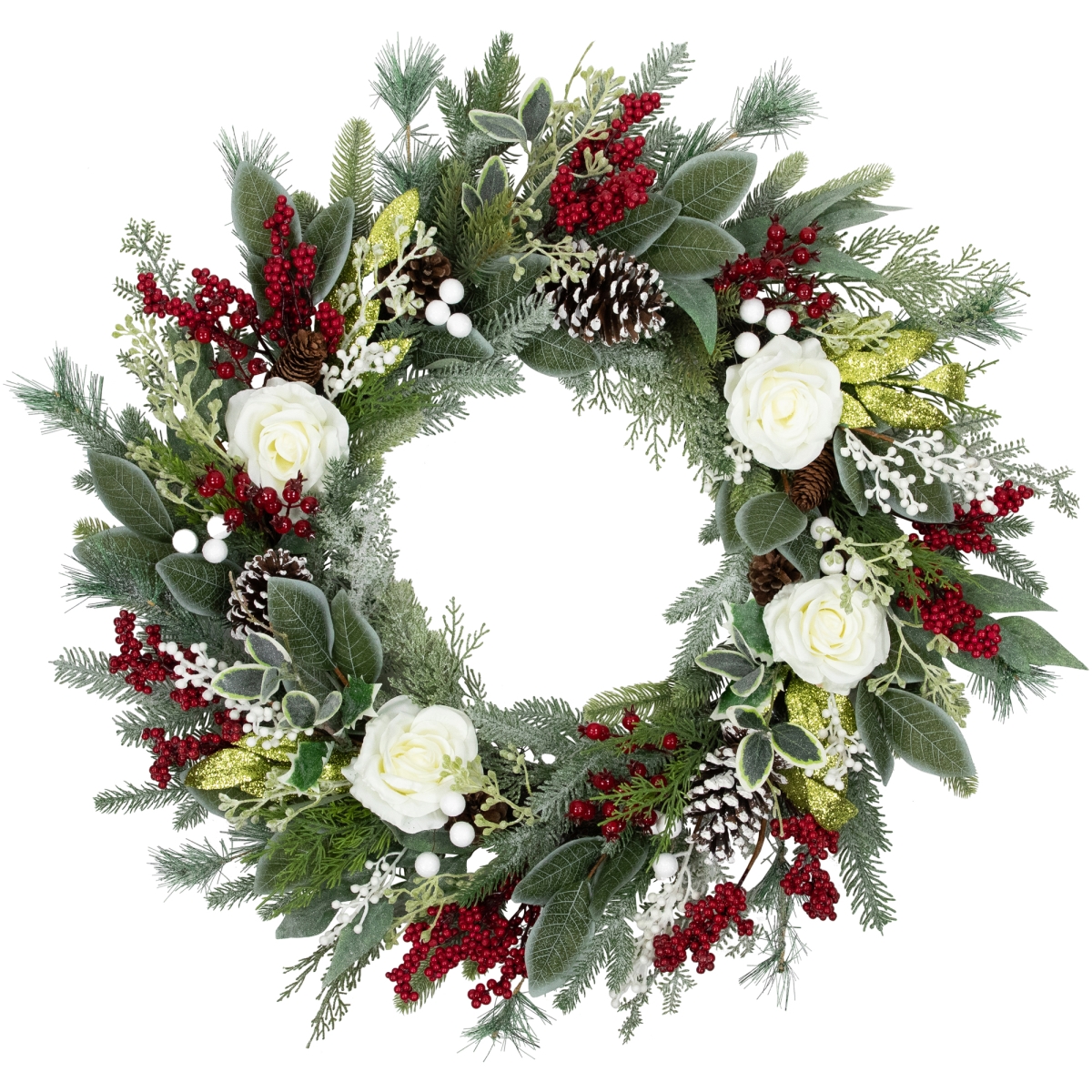 35719749 30 in. Mixed Foliage White Roses Artificial Unlit Christmas Wreath