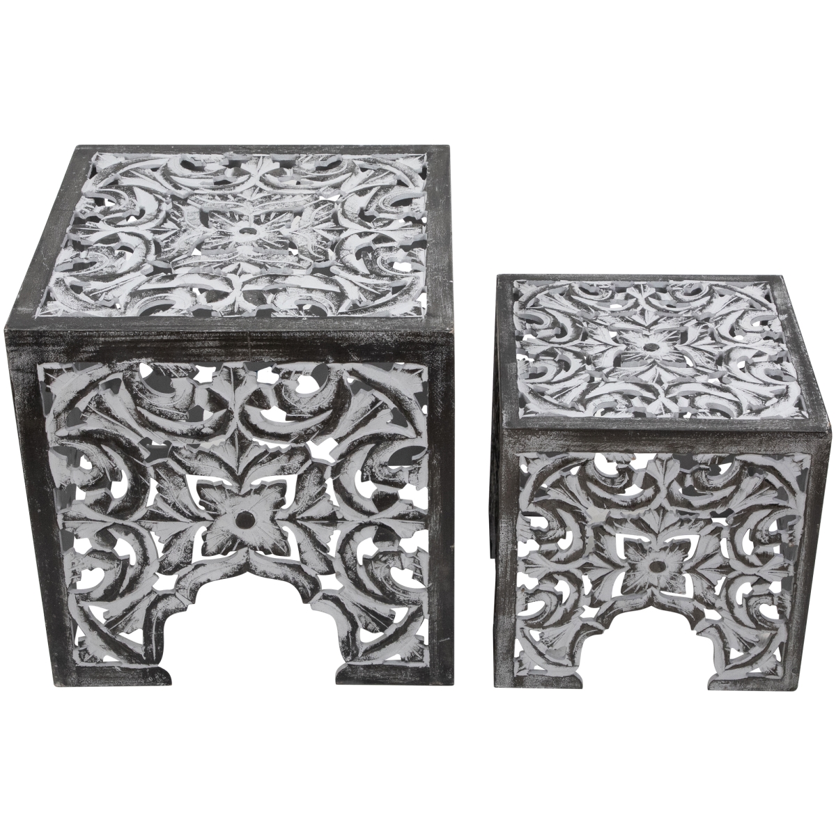 35690070 Square Stackable Nesting Side Table & Stool, Antique Gray & Black - 16 in. - Set of 2