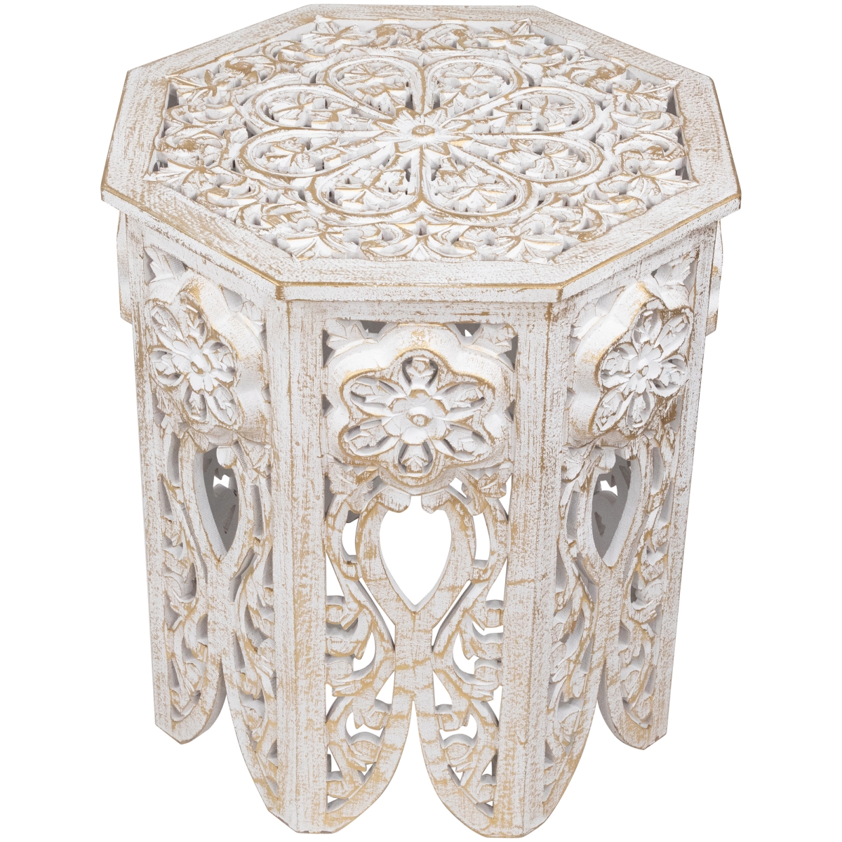 35690071 18 in. Carved Octagonal Side Table, Antique White &Brushed Gold