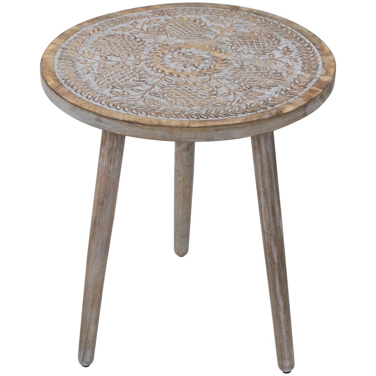 35690075 21 in. Engraved Round Tri Leg Wooden Side Table, Antique Gray