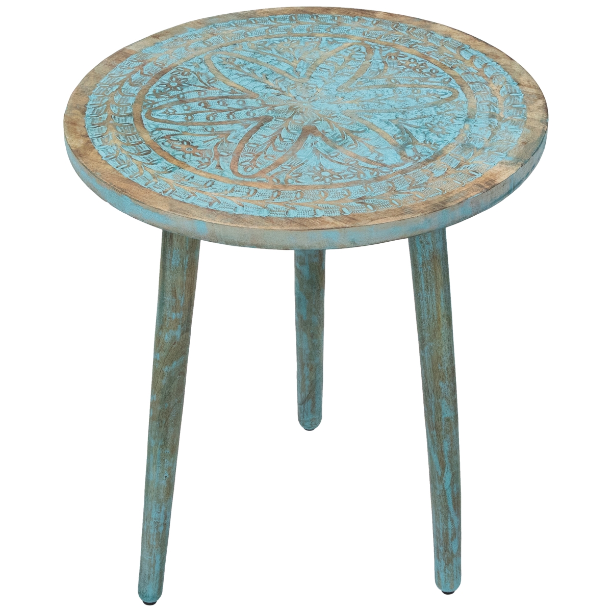 35690076 22 in. Engraved Wooden Tri Leg Round Side Table, Antique Blue