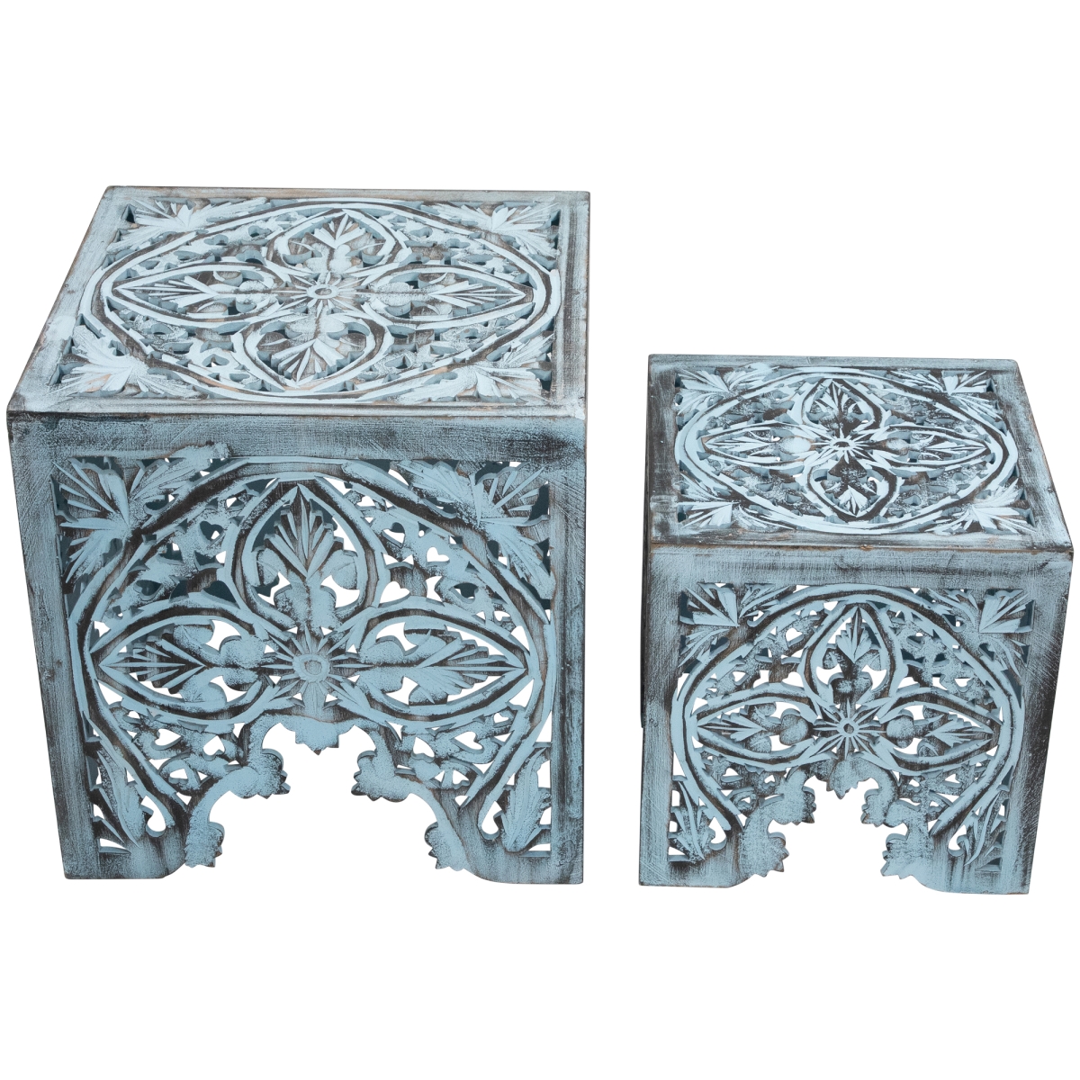 35690079 Square Stackable Nesting Side Table & Stool, Antique Blue - 16 in. - Set of 2