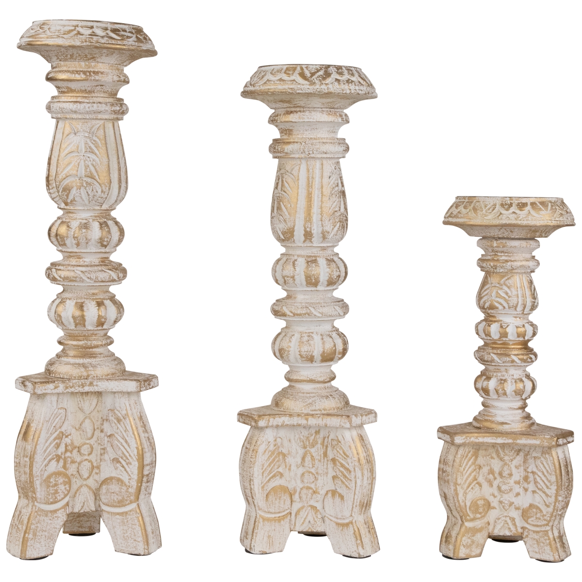 35690082 Tripod Wooden Pillar Candle Holders, Brushed Gold - 10 in. - Set of 3