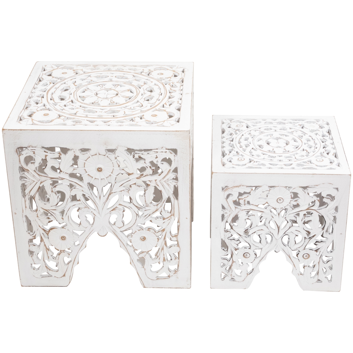35690092 Square Stackable Nesting Side Table & Stool, Antique White - 16 in. - Set of 2