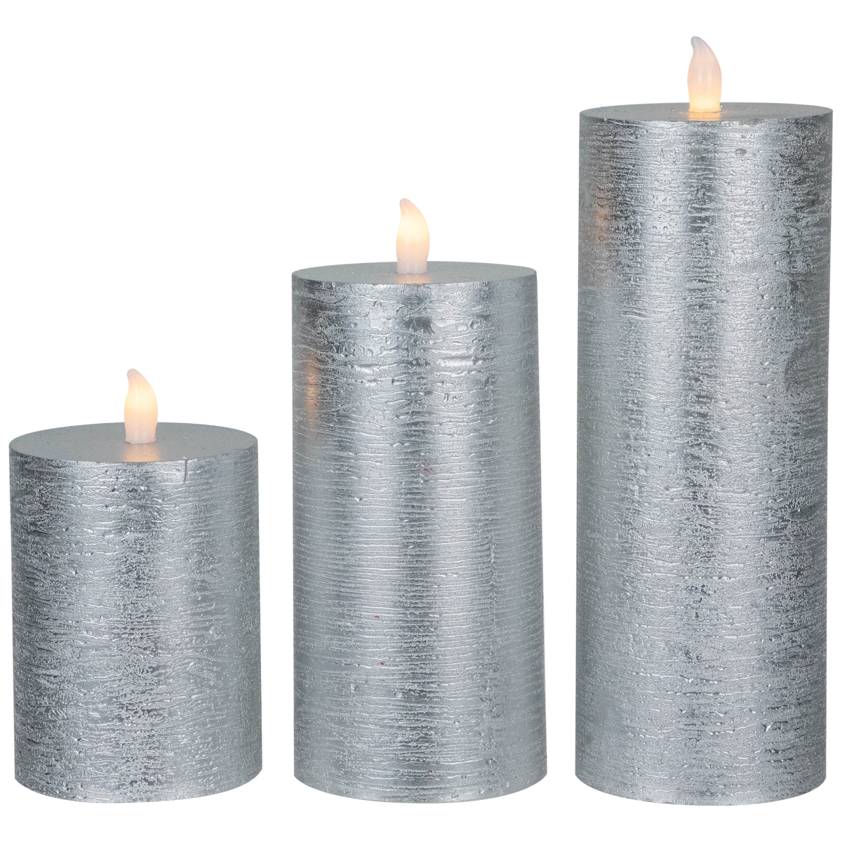 Picture of Northlight 35702169 Flameless Flickering LED Wax Pillar Candles&#44; Brushed Silver - 8 in. - Set of 3
