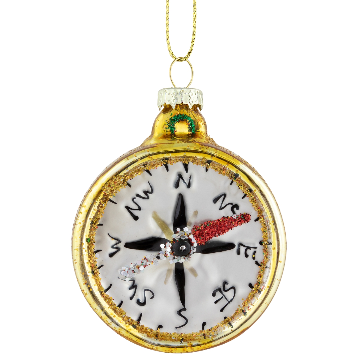 35712009 2.5 in. Glittered Gold Compass Glass Christmas Ornament