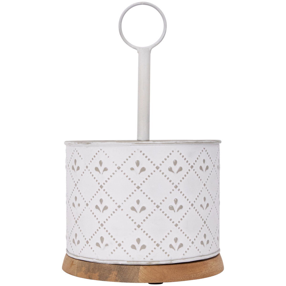 35688828 7 in. Round Embossed Caddy with Wooden Base, White