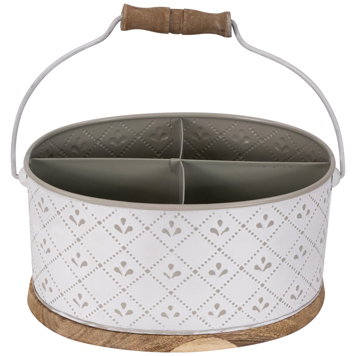 35688829 10 in. Oval Embossed Caddy with Handle & Wood Base, White