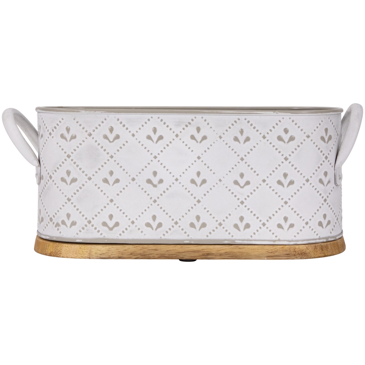35688830 11.25 in. Oval Embossed Long Caddy with Side Handles & Wooden Base, White